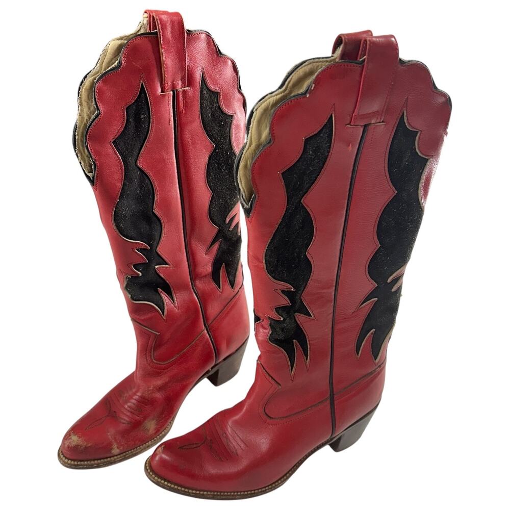 Vintage Sasson Womens Boots Size 7 1/2 Red Black Leather Cowgirl Cowboy Western